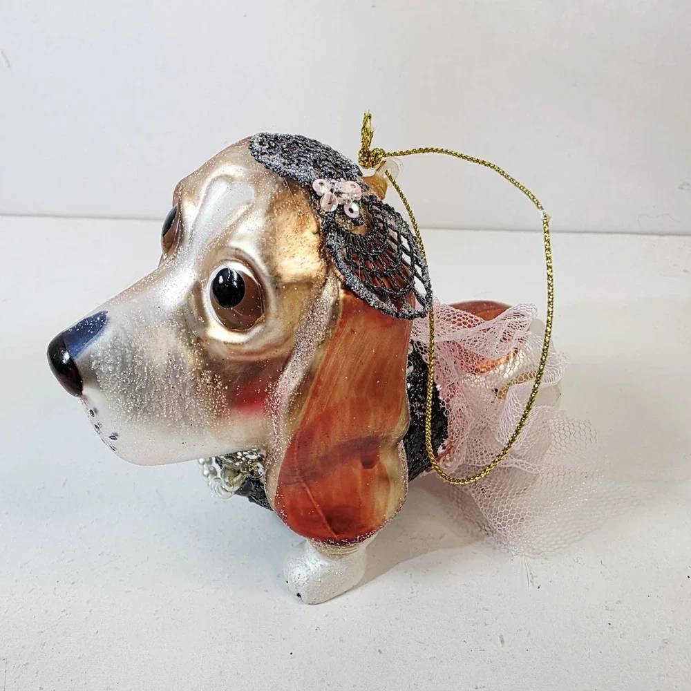 Blown Glass Hound Dog Dressed in Sequins Pink Skirt Glitter Christmas Ornament
